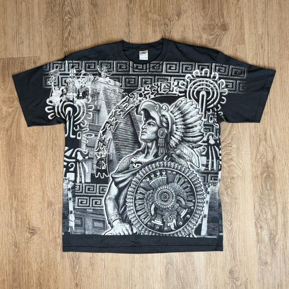 Yazbek Aztec Warrior Graphic T-Shirt Black White XXL Mexico All Over Print - Picture 1 of 5